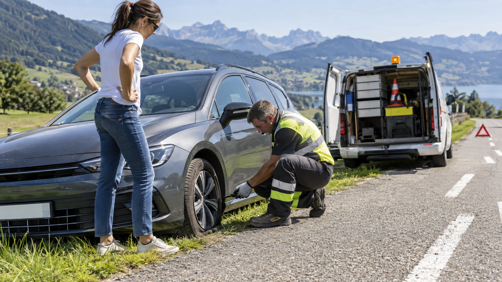 Ein Pannenhelfer wechselt am Strassenrand bei einem Kombi einen platten Reifen.