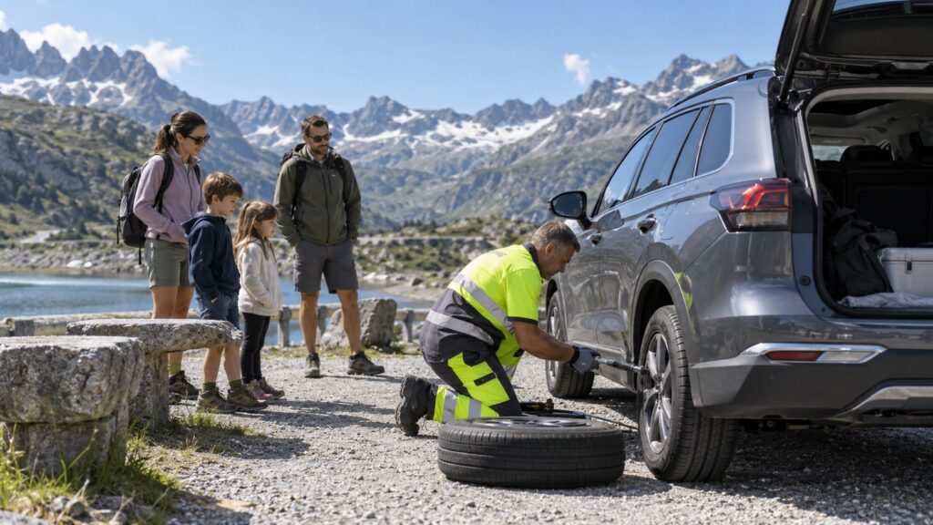 Ein Pannenhelfer arbeitet am Strassenrand an einem Fahrzeug vor alpiner Kulisse.