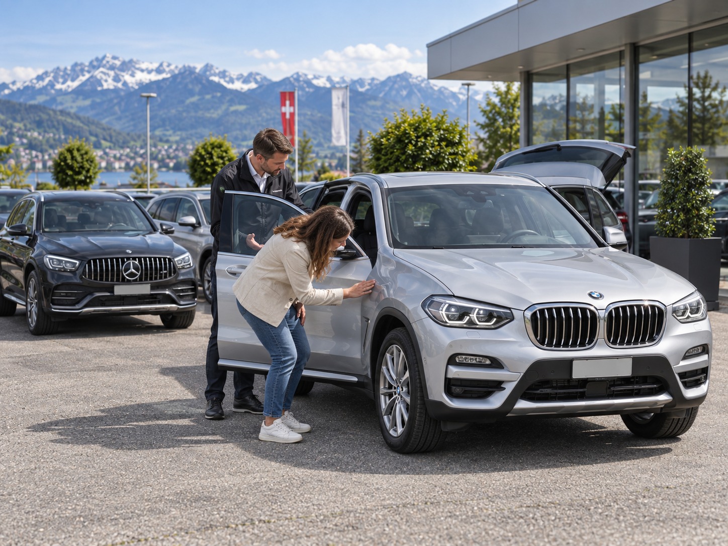 Käufer besichtigen vor Alpenkulisse mehrere gebrauchte Premium-SUV.