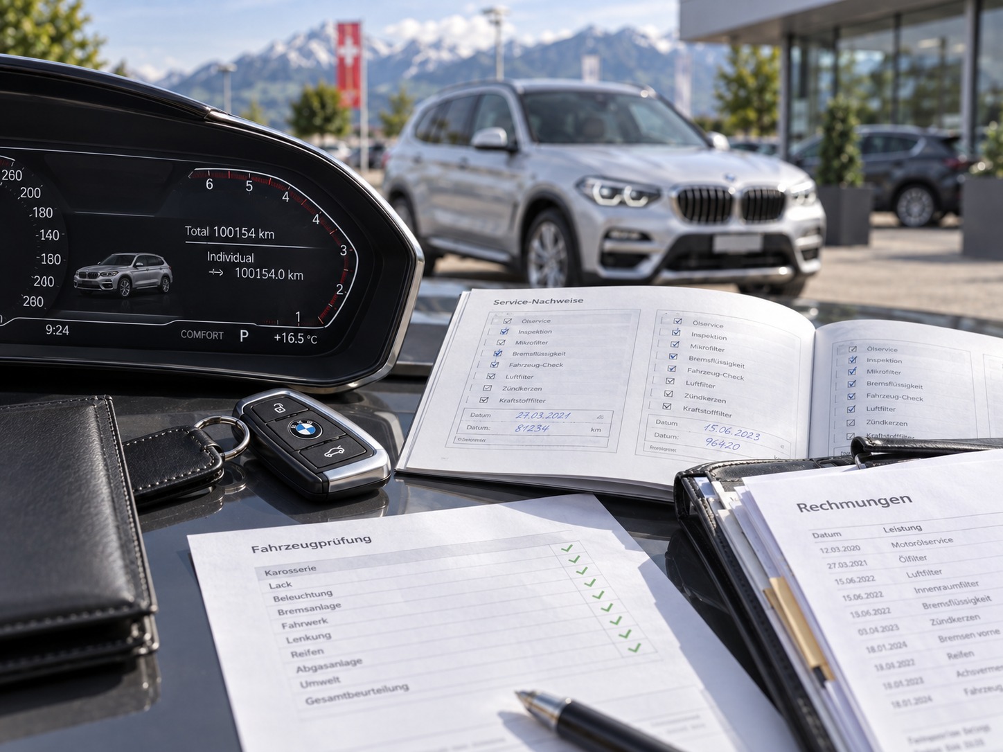 Serviceunterlagen und Fahrzeugschlüssel liegen bereit für die Prüfung eines gebrauchten Premium-SUV.