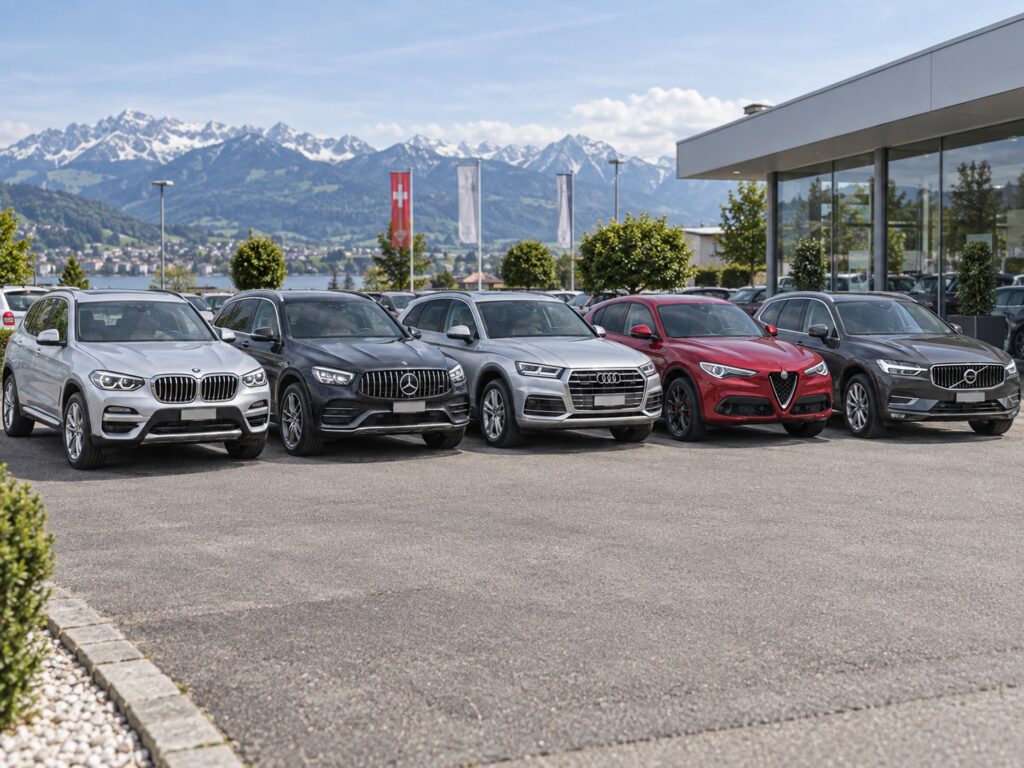 Fünf Premium-SUV verschiedener Marken stehen vor einer Schweizer Alpenkulisse bereit zum Vergleich.