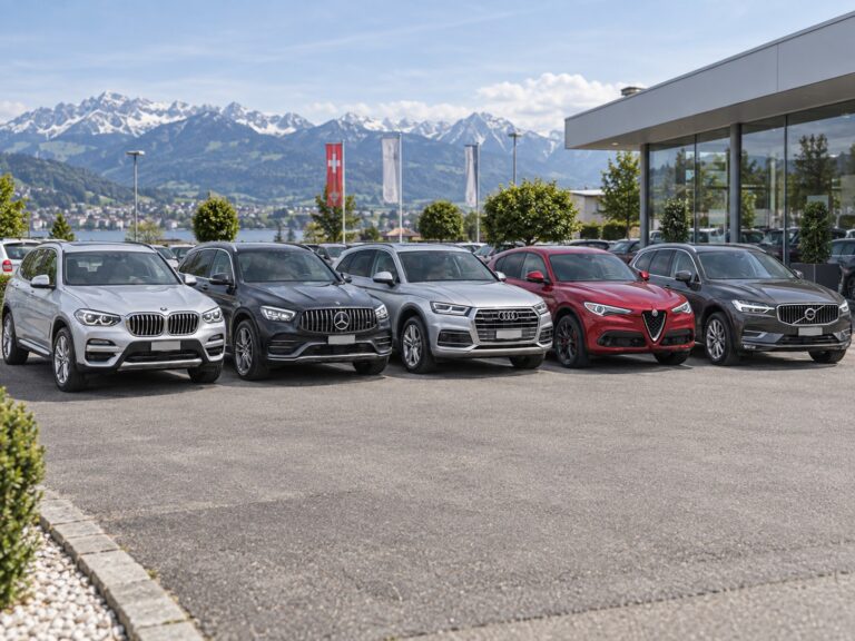 Fünf Premium-SUV verschiedener Marken stehen vor einer Schweizer Alpenkulisse bereit zum Vergleich.