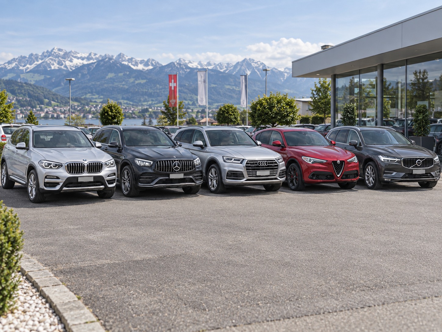 Fünf Premium-SUV verschiedener Marken stehen vor einer Schweizer Alpenkulisse bereit zum Vergleich.