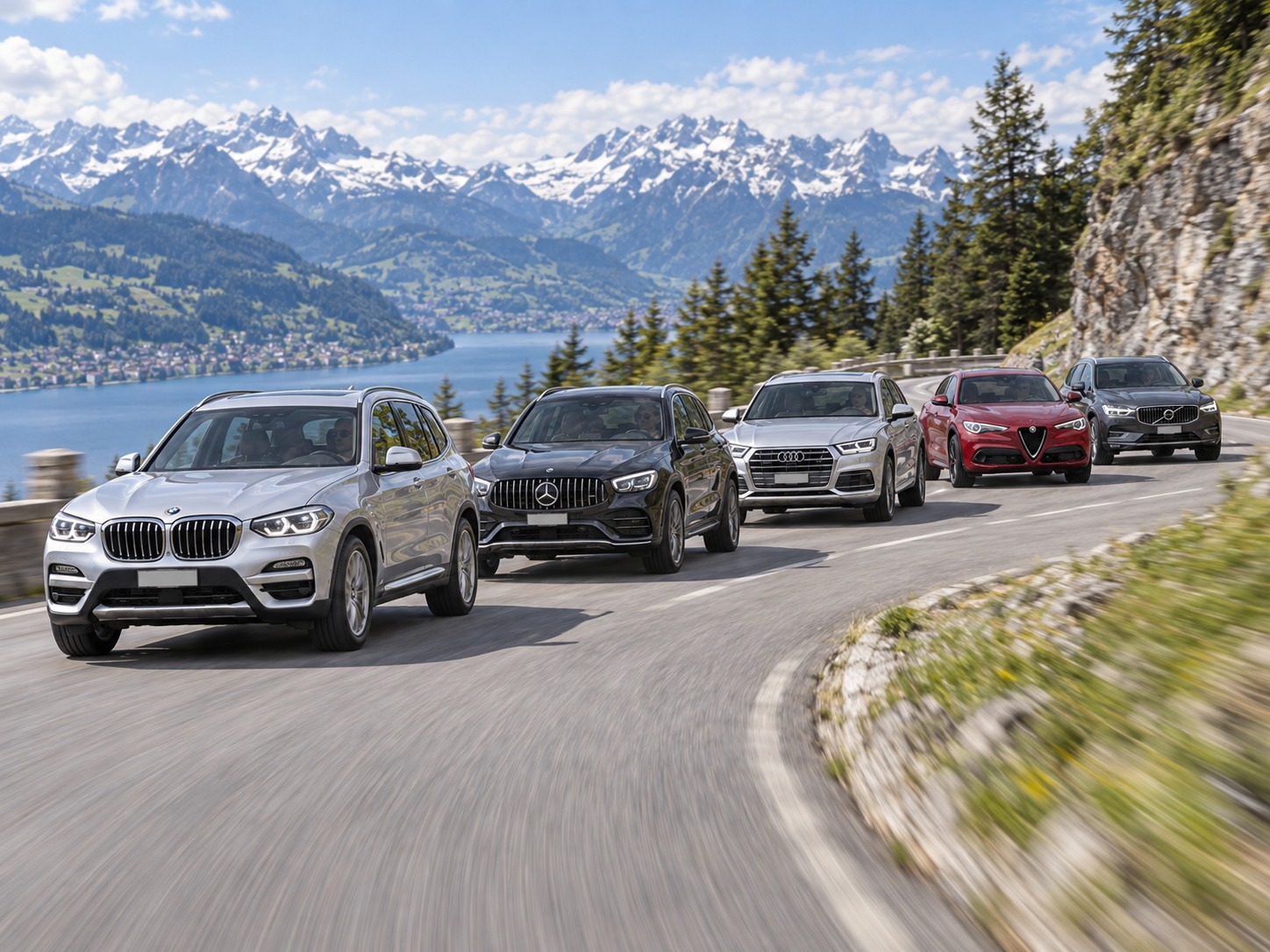 Mehrere Premium-SUV fahren über eine Alpenstrasse durch langgezogene Kurven.