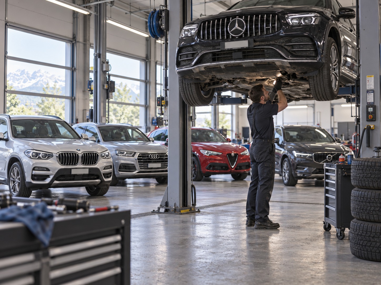 Ein Premium-SUV wird in einer modernen Werkstatt inspiziert.