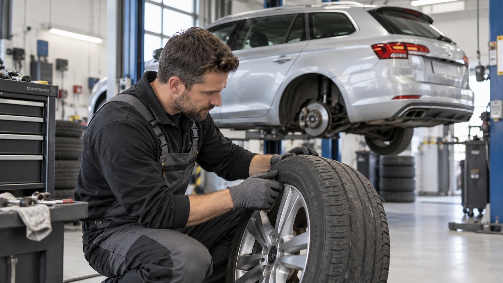Ein Mechaniker kontrolliert einen Reifen in einer modernen Werkstatt.
