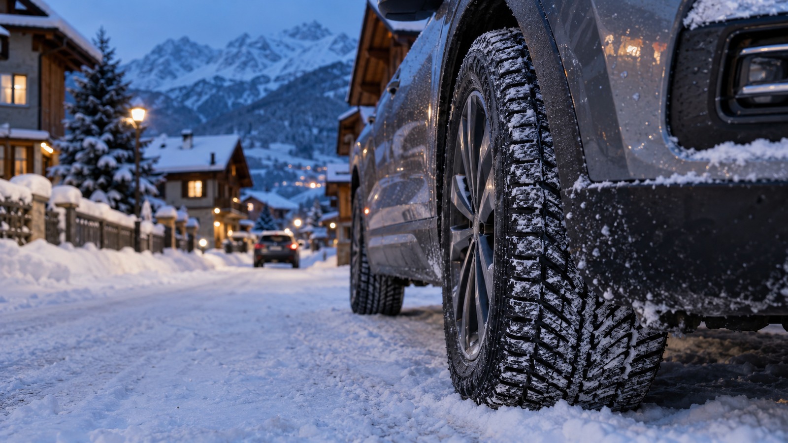 Winterreifen eines SUV auf einer verschneiten Strasse in einem Alpendorf.