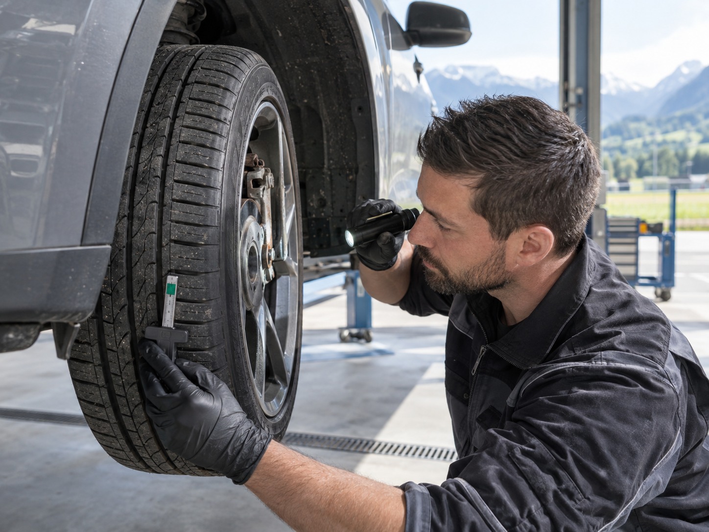 Ein Mechaniker misst an einem Fahrzeugreifen die Profiltiefe und kontrolliert gleichzeitig den Zustand der Bremse.