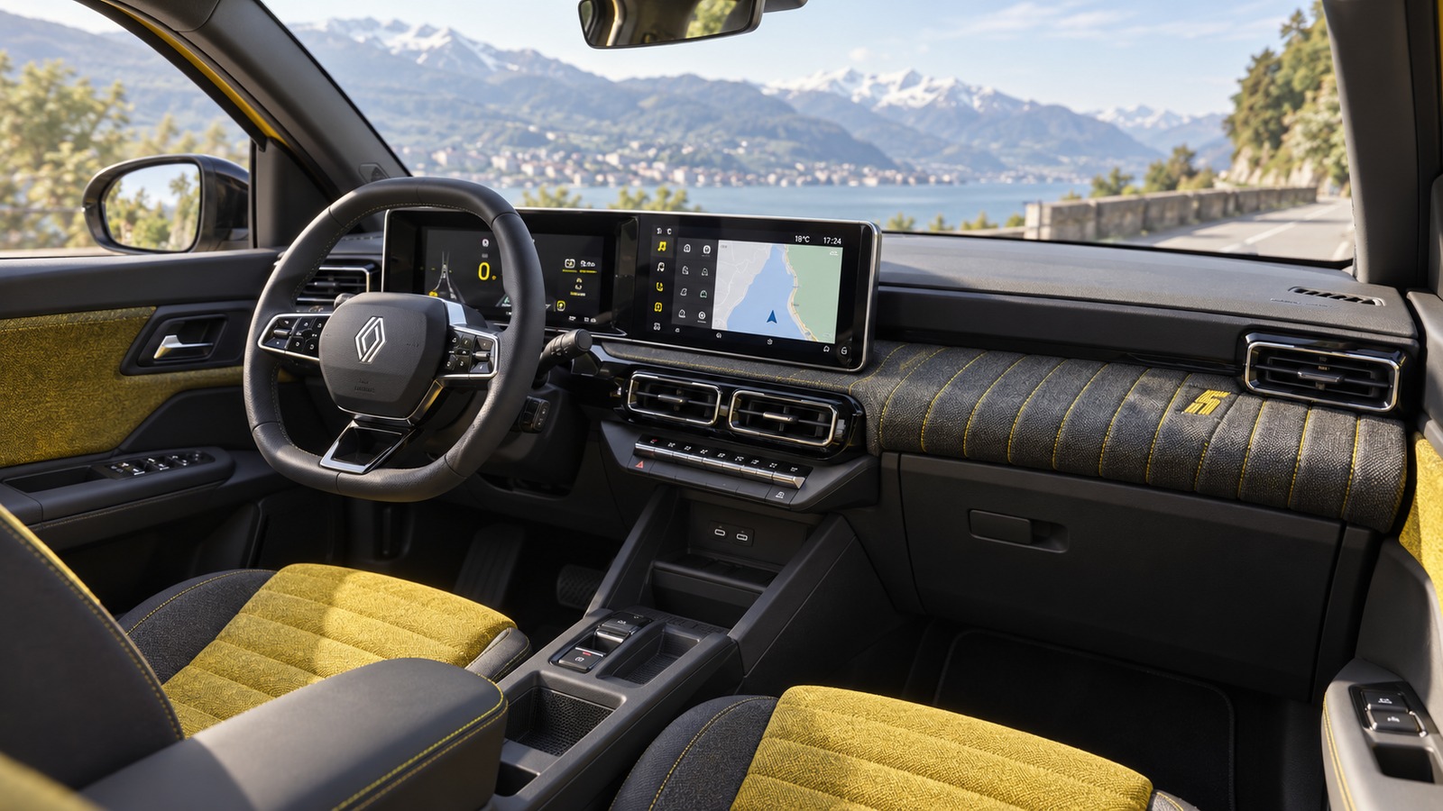 Ein Renault 5 E-Tech steht an einem alpinen See vor beeindruckender Bergkulisse.
