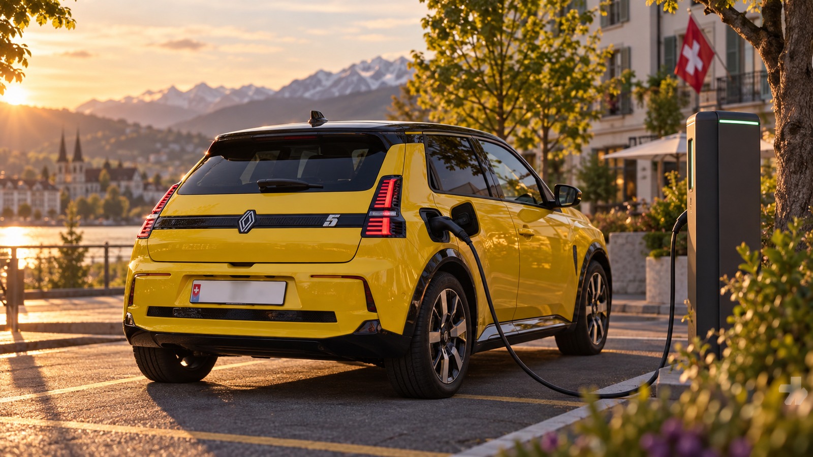 Ein gelber Renault 5 steht an einem Ladeplatz am Seeufer.