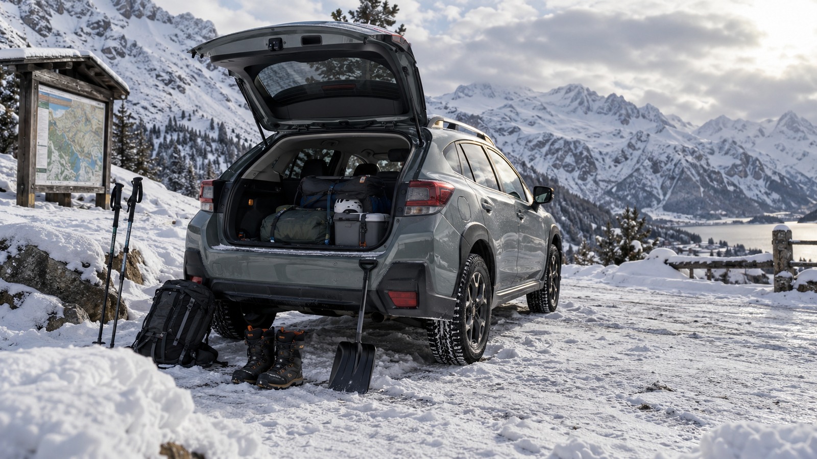 Ein Subaru Crosstrek mit geöffnetem Heck steht mit Wintergepäck an einem verschneiten Bergsee.