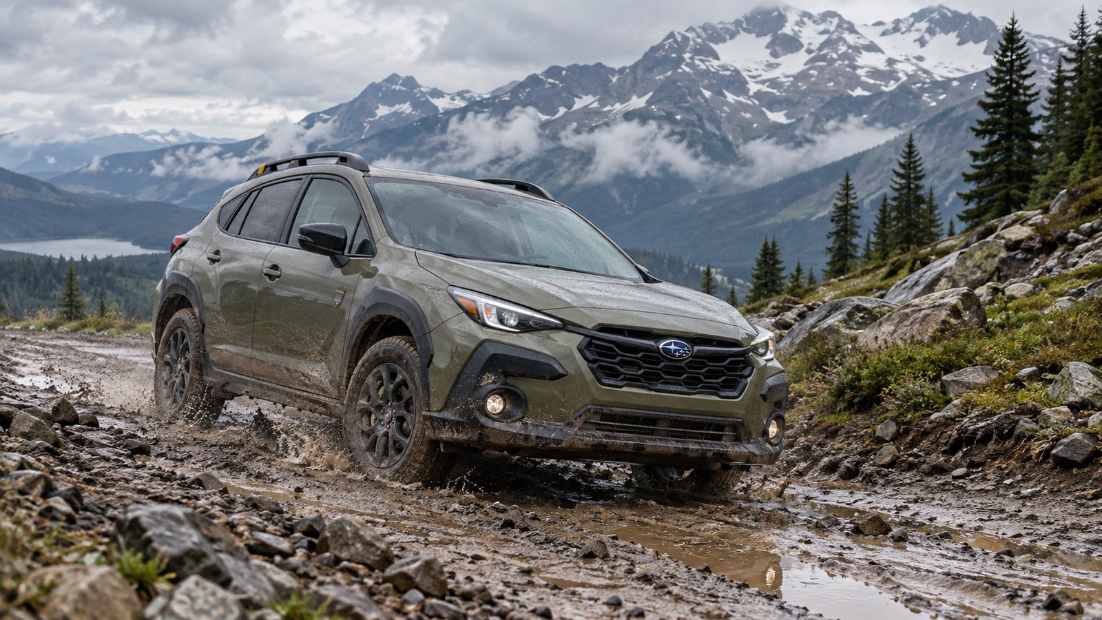 Ein Subaru Crosstrek fährt über eine nasse, steinige Matschpiste vor Bergkulisse.