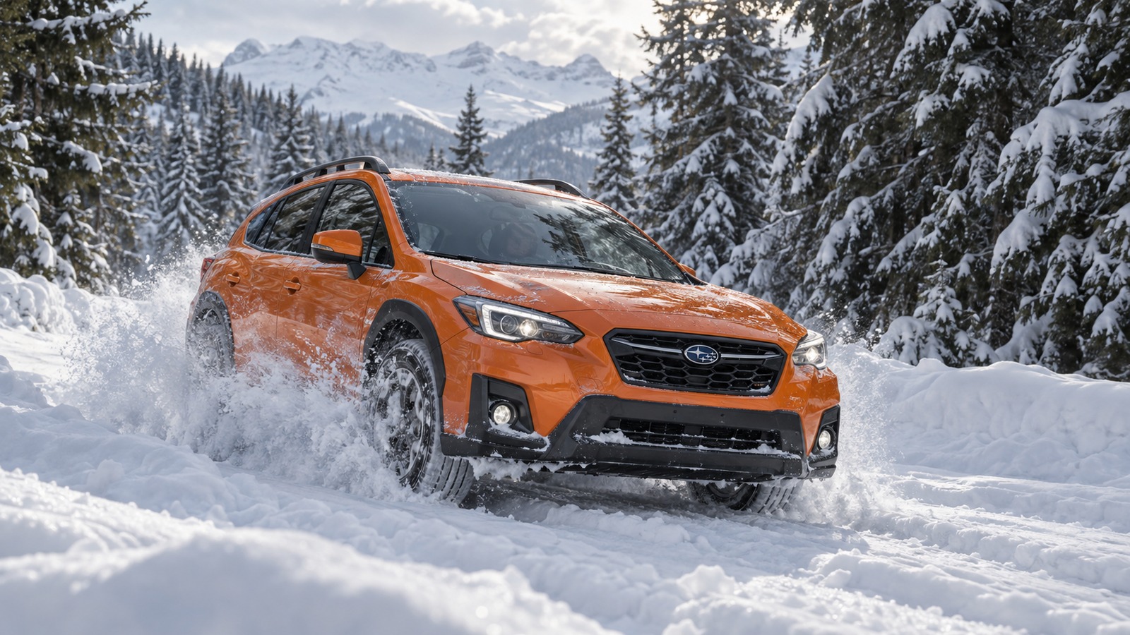 Ein Subaru Crosstrek pflügt durch tiefen Schnee zwischen Tannen im Gebirge.