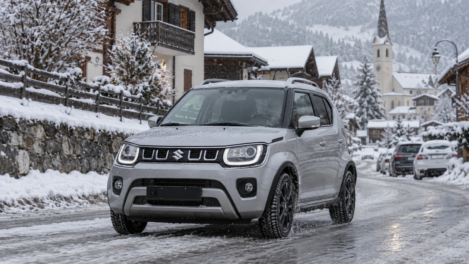 Ein Suzuki Ignis fährt durch ein verschneites Alpendorf mit Kirche im Hintergrund.