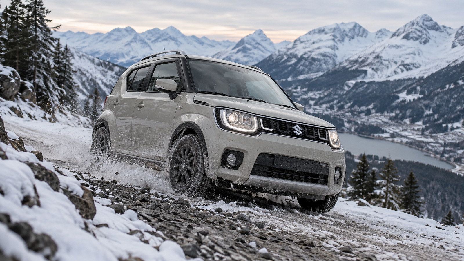 Ein Suzuki Ignis steht auf einer verschneiten Rampe mit Bergpanorama.
