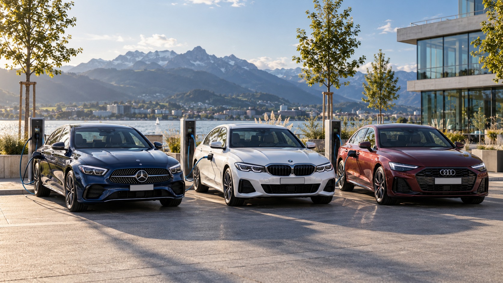 Mercedes, BMW und Audi Plug-in-Hybrid-Limousinen nebeneinander an Ladestationen vor Schweizer Bergkulisse.
