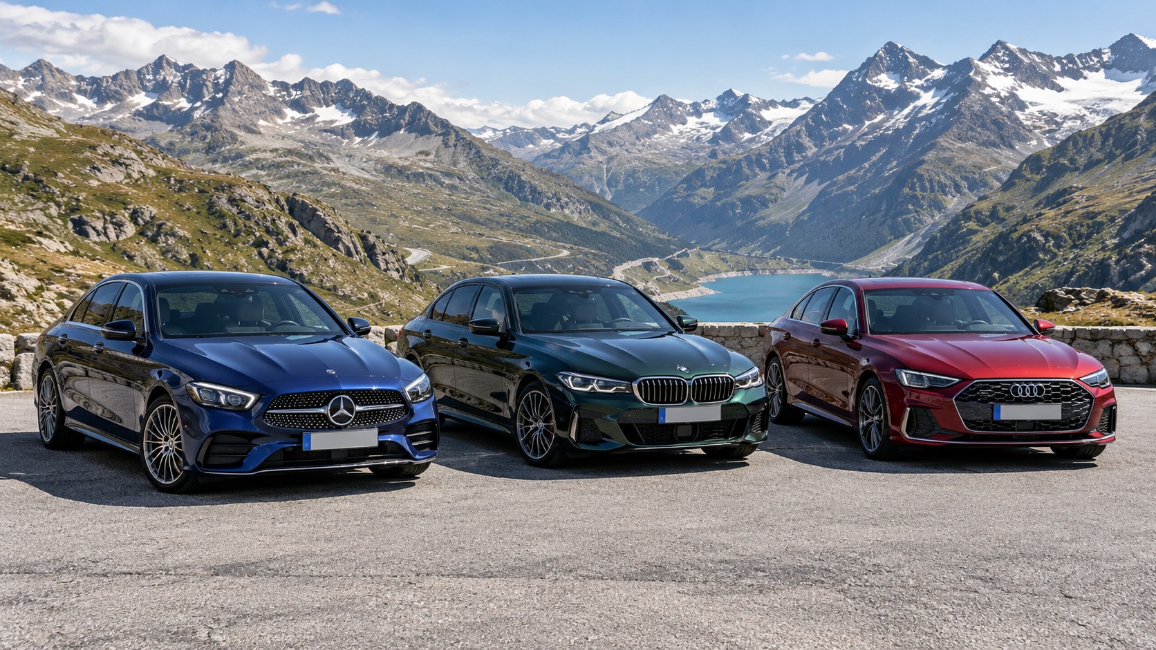 Mercedes-Benz C-Klasse, BMW 3er und Audi A5 stehen gemeinsam vor einer Schweizer Alpenkulisse.