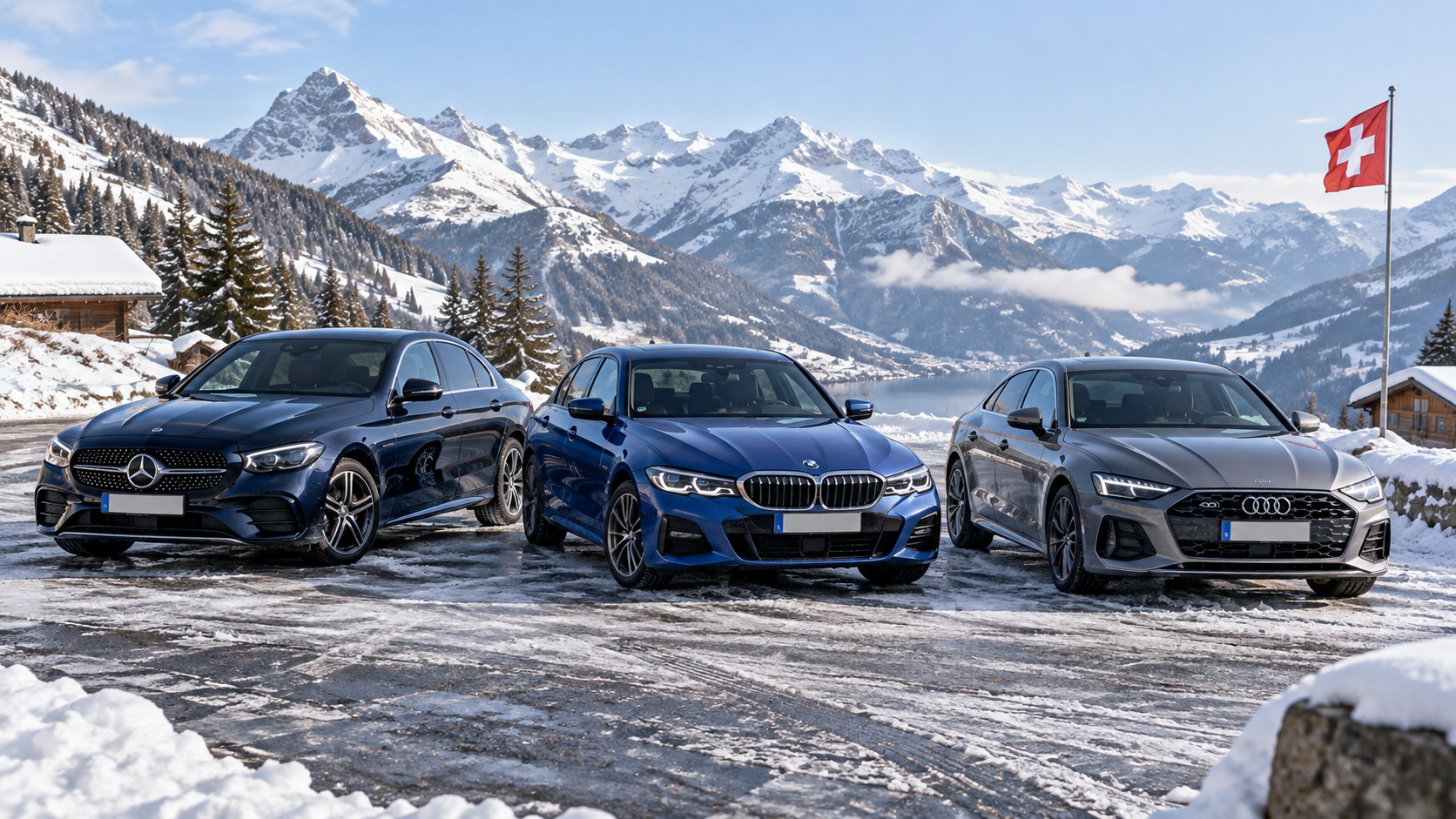 Mercedes, BMW und Audi Limousinen auf winterlicher Schweizer Bergstrasse.