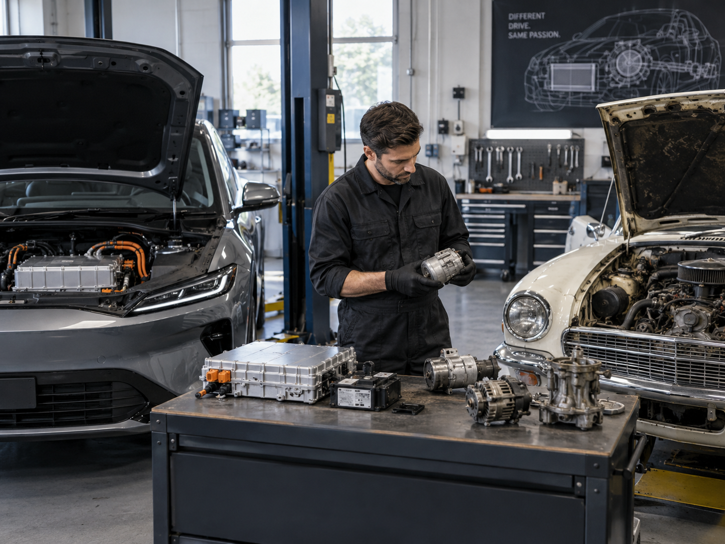 Mechaniker vergleicht Komponenten eines Elektroautos und eines älteren Verbrenners in der Werkstatt