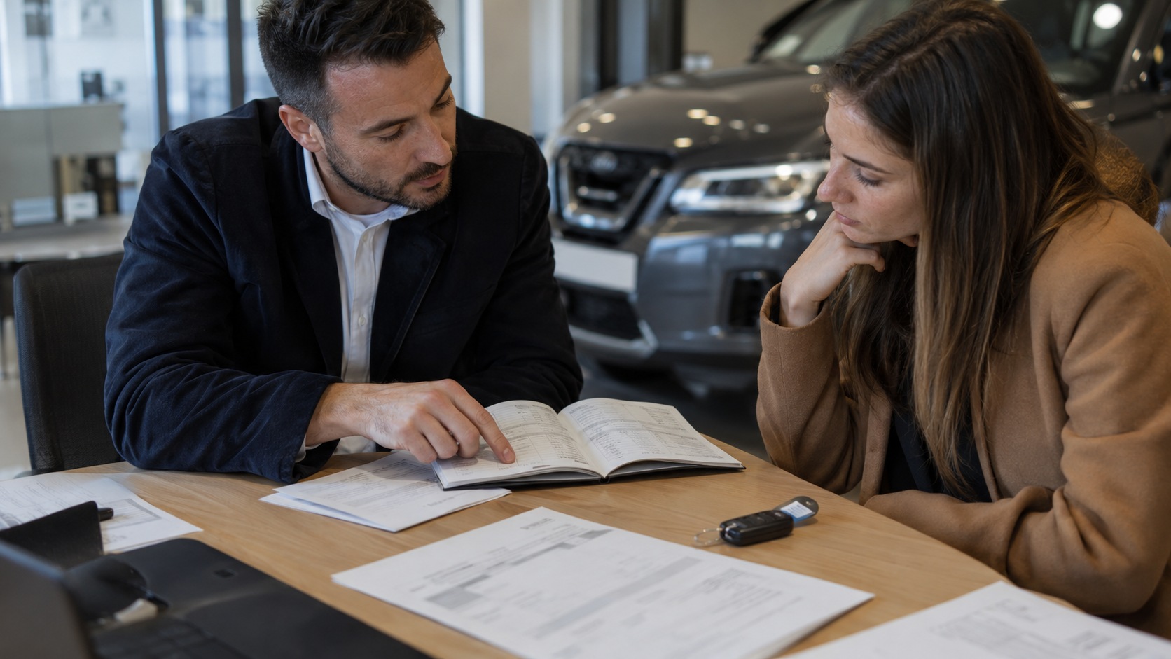 Ein Berater erklärt einer Kundin an einem Tisch Serviceunterlagen und Dokumente, im Hintergrund steht ein Fahrzeug im Showroom.