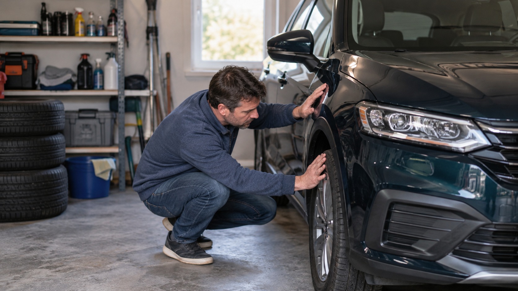 Ein Mann prüft in einer Garage den Zustand eines dunklen SUV an Reifen und Karosserie.