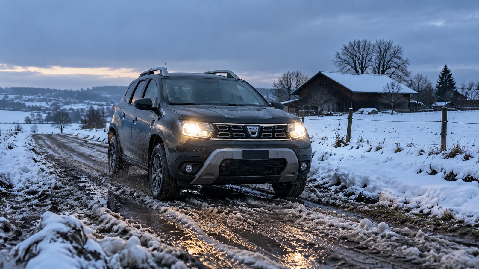 Ein Dacia Duster fährt bei Dämmerung über einen verschneiten und matschigen Landwirtschaftsweg.