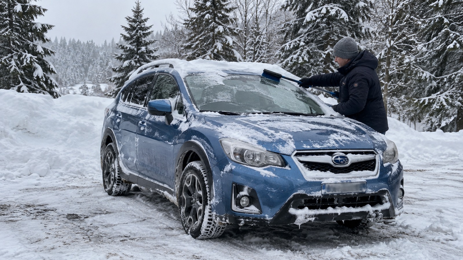 Ein Mann befreit auf einem verschneiten Waldparkplatz einen Subaru XV von Schnee.