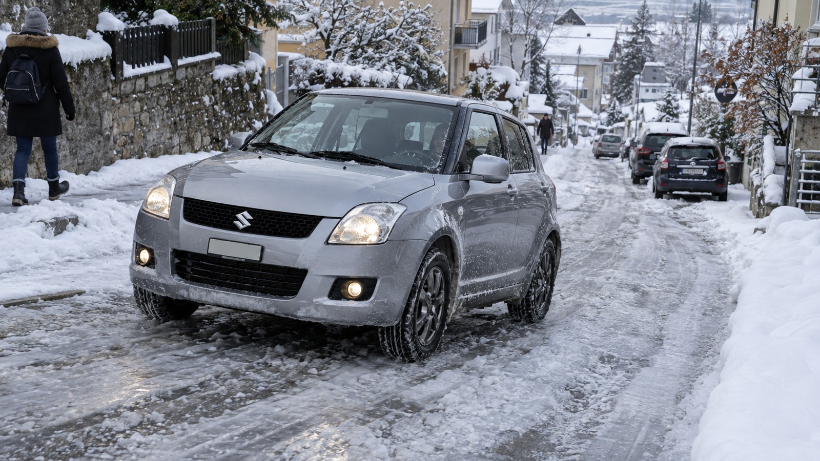 Ein Suzuki Swift fährt auf einer vereisten und verschneiten Quartierstrasse bergauf.