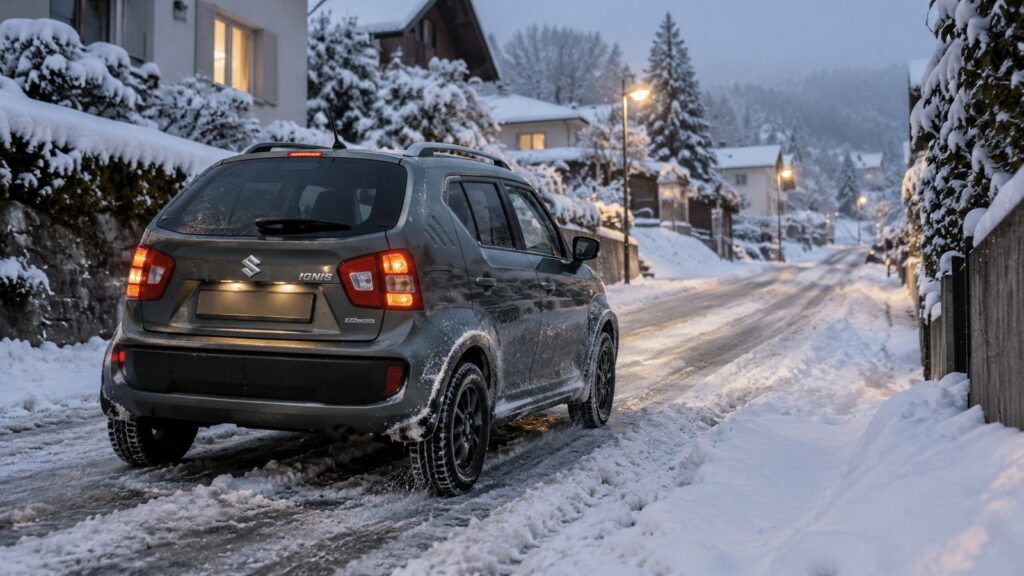 Ein kompakter Suzuki Ignis fährt am frühen Abend eine verschneite Quartierstrasse hinauf.