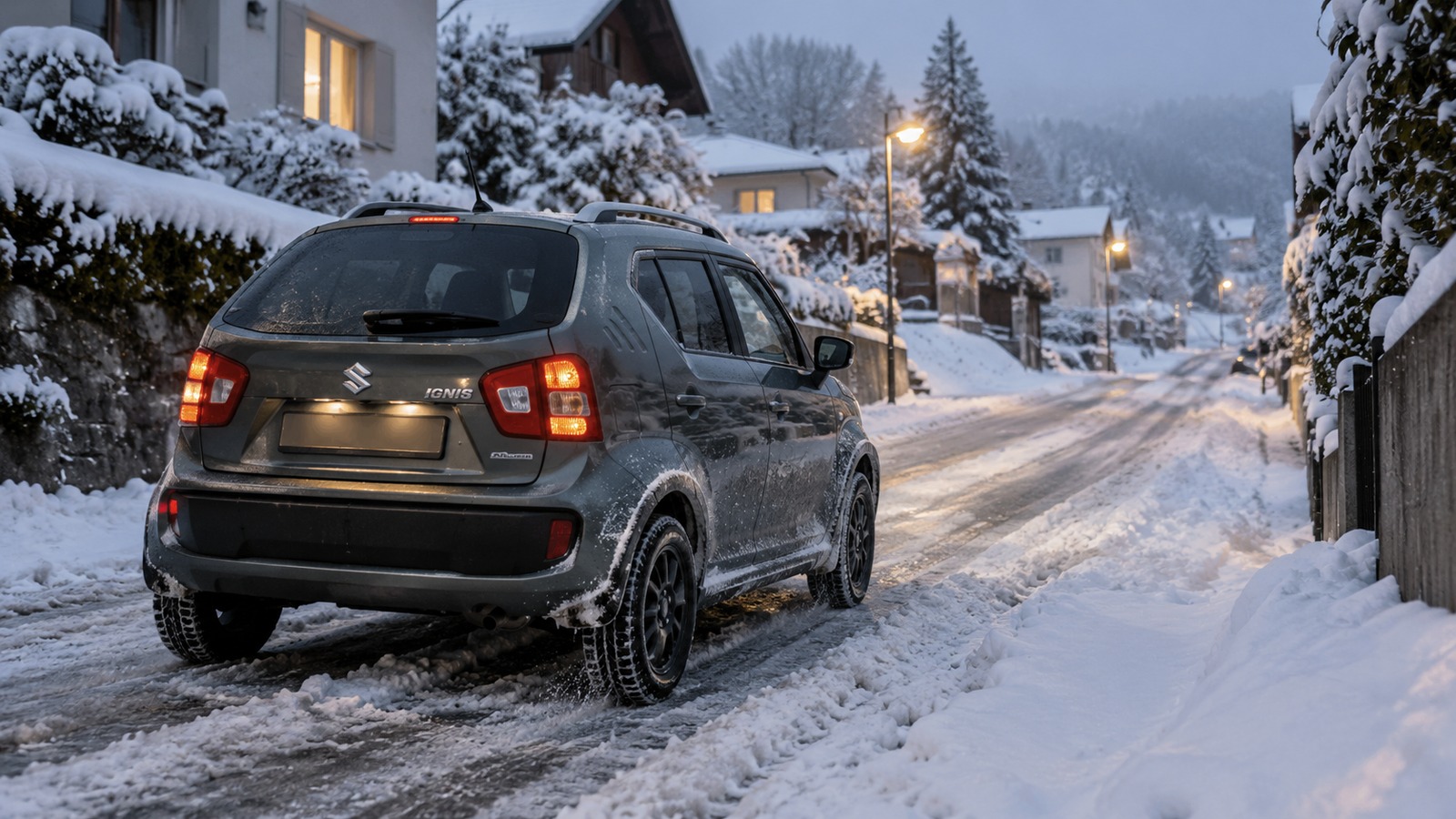 Ein kompakter Suzuki Ignis fährt am frühen Abend eine verschneite Quartierstrasse hinauf.