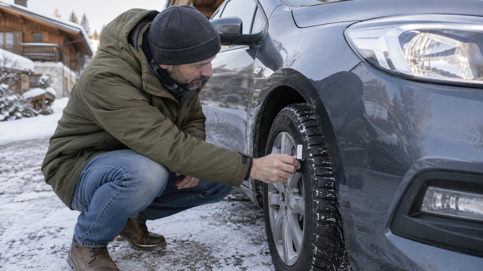 Ein Autofahrer misst im Winter die Profiltiefe eines Reifens.