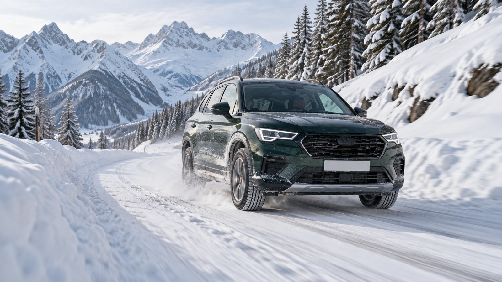 Ein SUV fährt auf einer tief verschneiten Alpenstrasse.